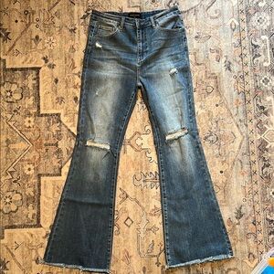 Blue Flare Wide Leg Jeans with Distressed Details